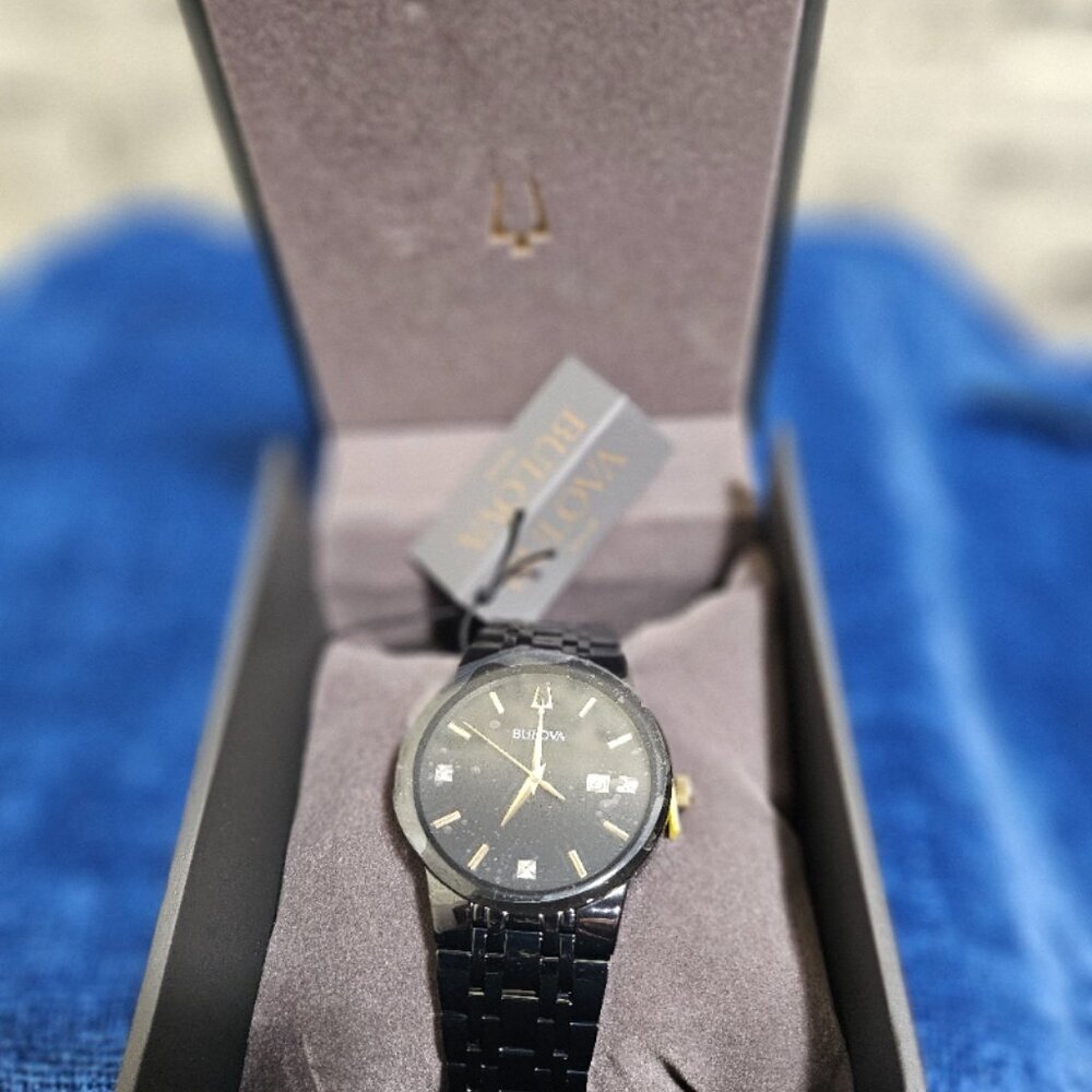 NEW Bulova Men's Modern Black Tone Gold Hands Stainless Steel Date Quartz Watch - Picture 2 of 7
